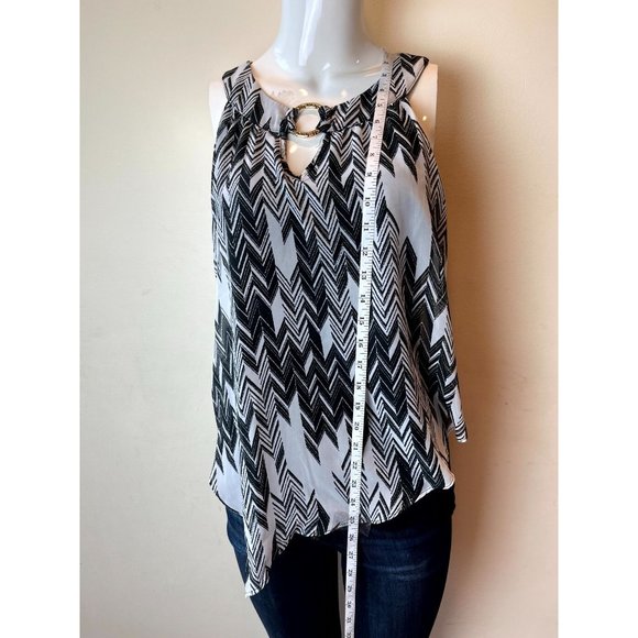 IZ Byer Womens Asymmetrical Blouse Top Chevron O Ring Halter Neck Black White S - Picture 3 of 6